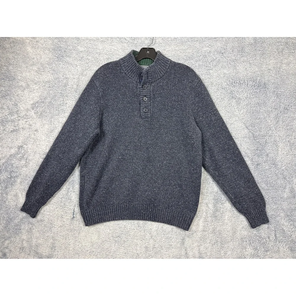 IZOD Mens Large Blue Button Pullover Sweater Marled Mock Neck Knit 9596